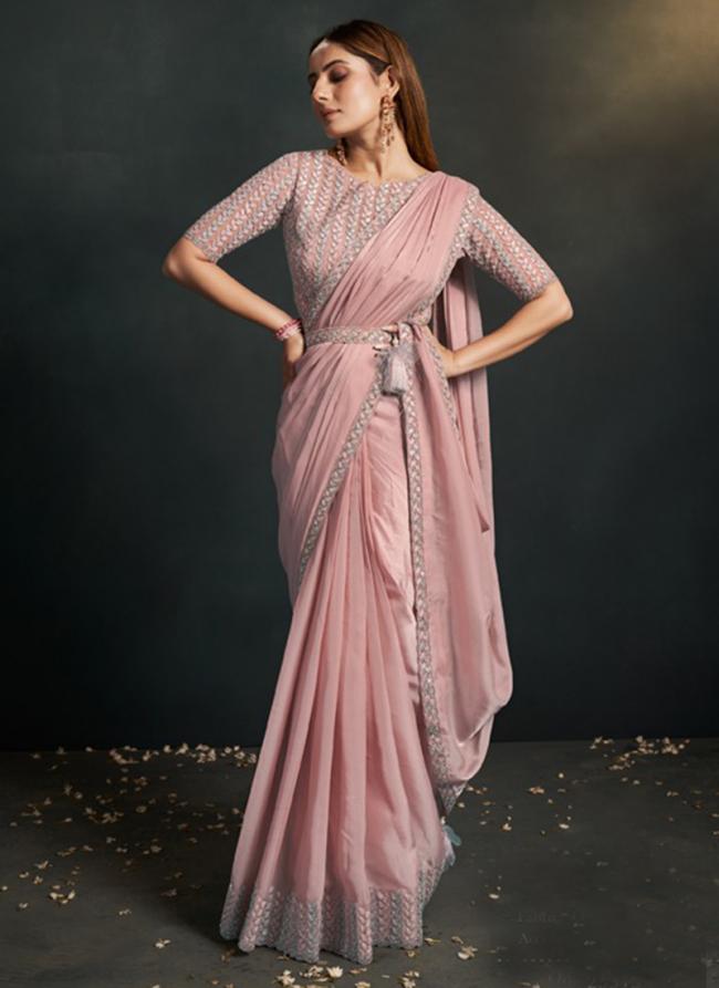 Silk Baby Pink Party Wear Embroidery Work Ready To Wear Saree